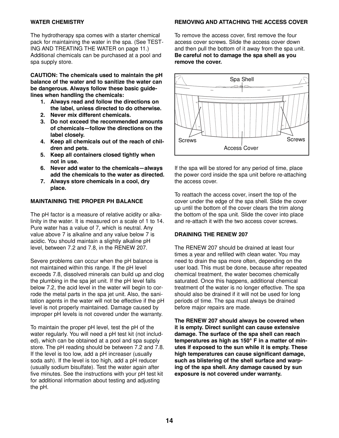 Image 831.21007 manual Water Chemistry, Maintaining the Proper PH Balance, Removing and Attaching the Access Cover 