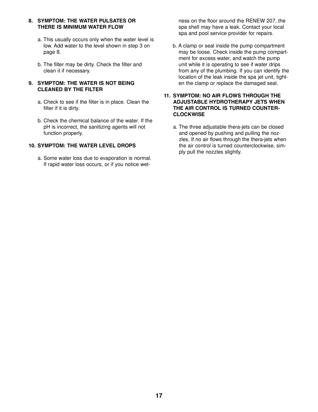 Image 831.21007 manual Symptom the Water Pulsates or There is Minimum Water Flow, Symptom the Water Level Drops 