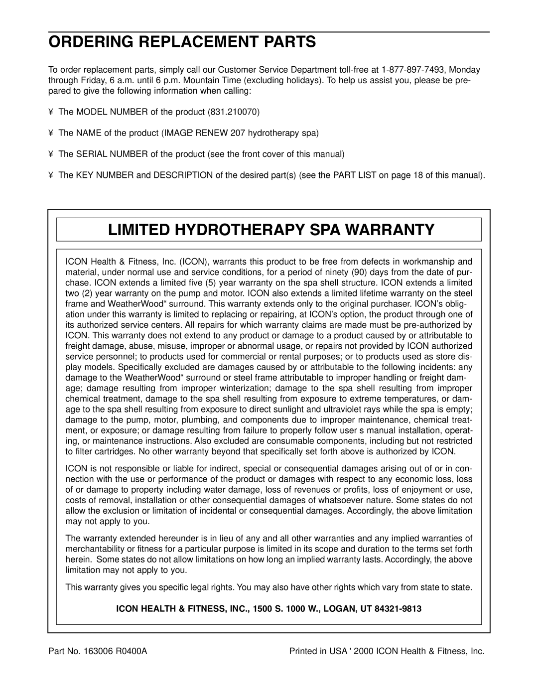 Image 831.21007 manual Ordering Replacement Parts, Limited Hydrotherapy SPA Warranty 