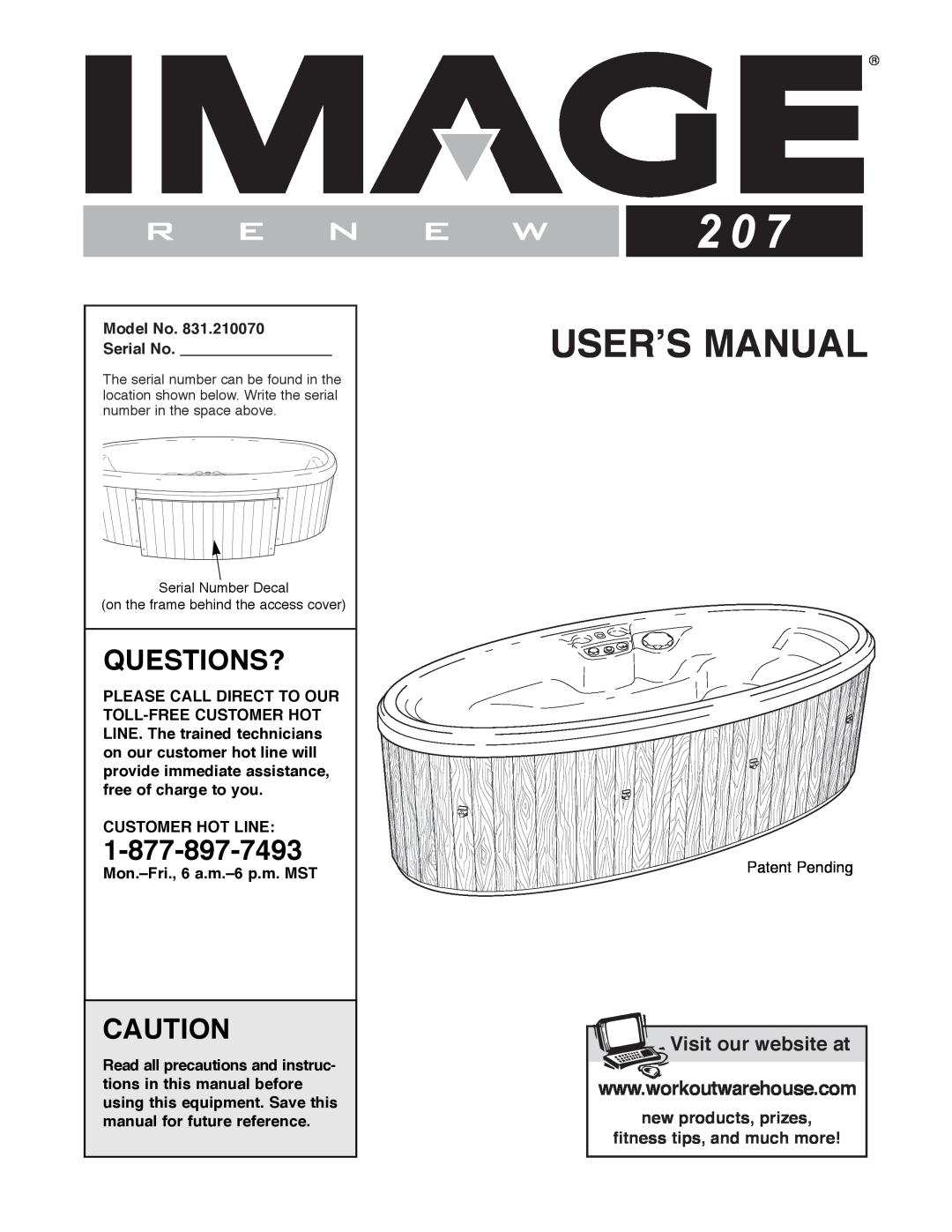 Image 831.21007 manual Questions?, Model No Serial No, Customer Hot Line, Mon.ÐFri., 6 a.m.Ð6 p.m. MST, Userõs Manual 