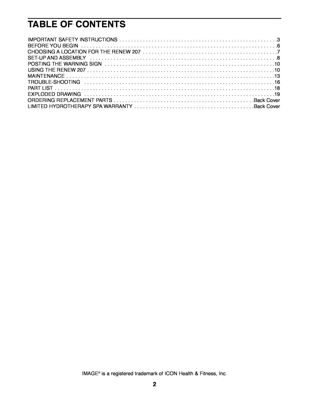 Image 831.21007 manual Table Of Contents, IMAGE¨ is a registered trademark of ICON Health & Fitness, Inc 