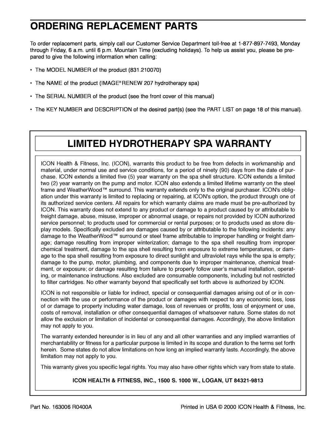 Image 831.21007 manual Ordering Replacement Parts, Limited Hydrotherapy Spa Warranty 