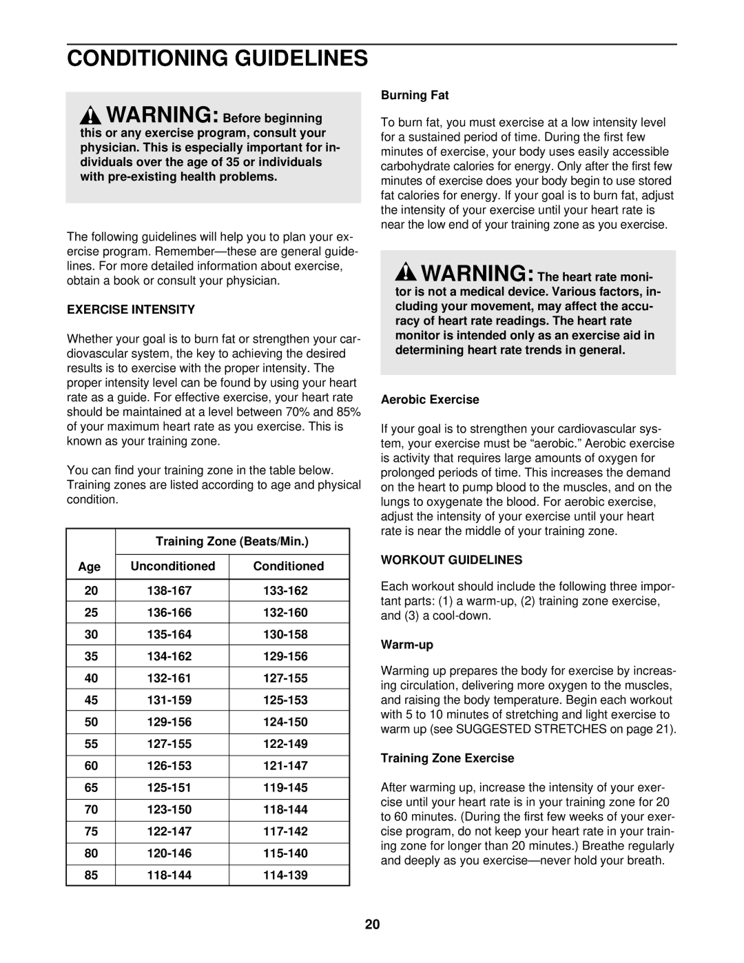 Image 831.297570 user manual Conditioning Guidelines, Exercise Intensity, Workout Guidelines 