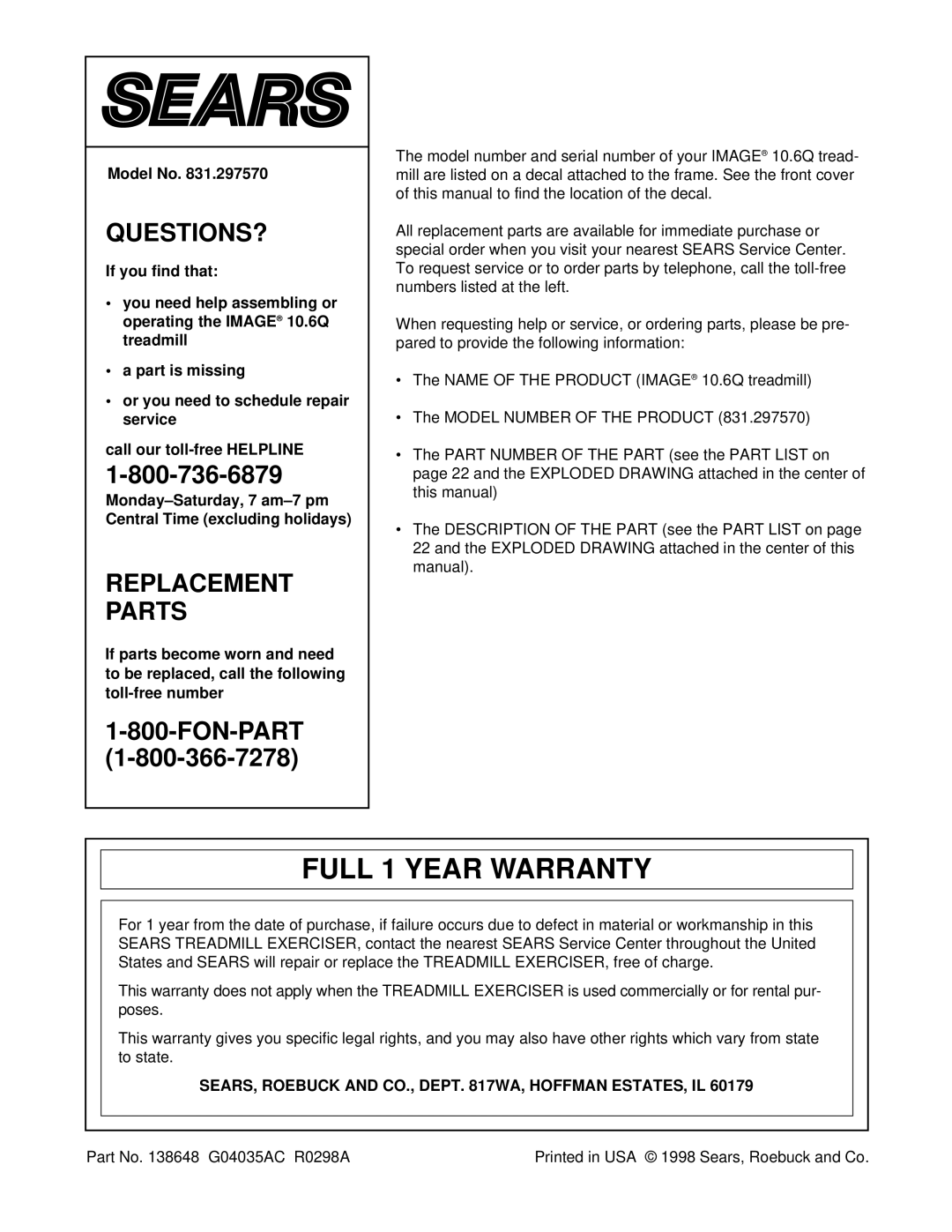 Image 831.297570 user manual Full 1 Year Warranty, Model No, SEARS, Roebuck and CO., Dept WA, Hoffman ESTATES, IL 