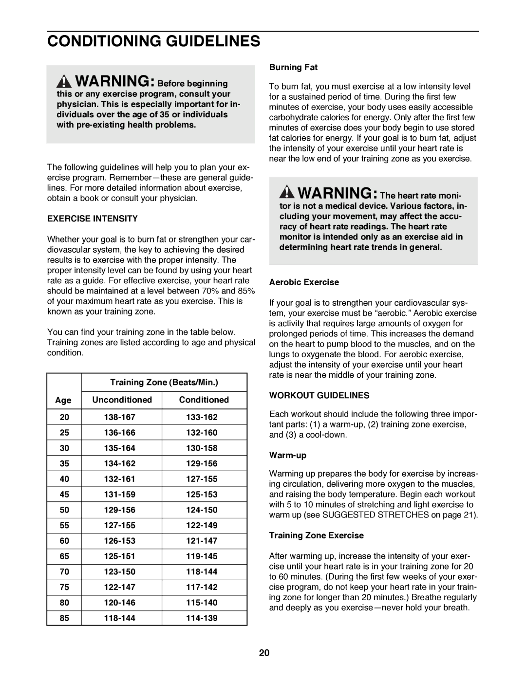 Image 831.297572 user manual Conditioning Guidelines, Exercise Intensity, Workout Guidelines 