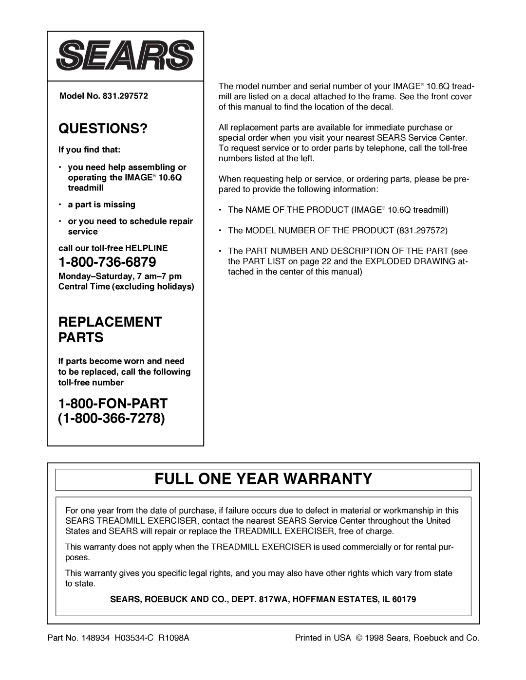 Image 831.297572 user manual Full ONE Year Warranty, Model No, SEARS, Roebuck and CO., Dept WA, Hoffman ESTATES, IL 