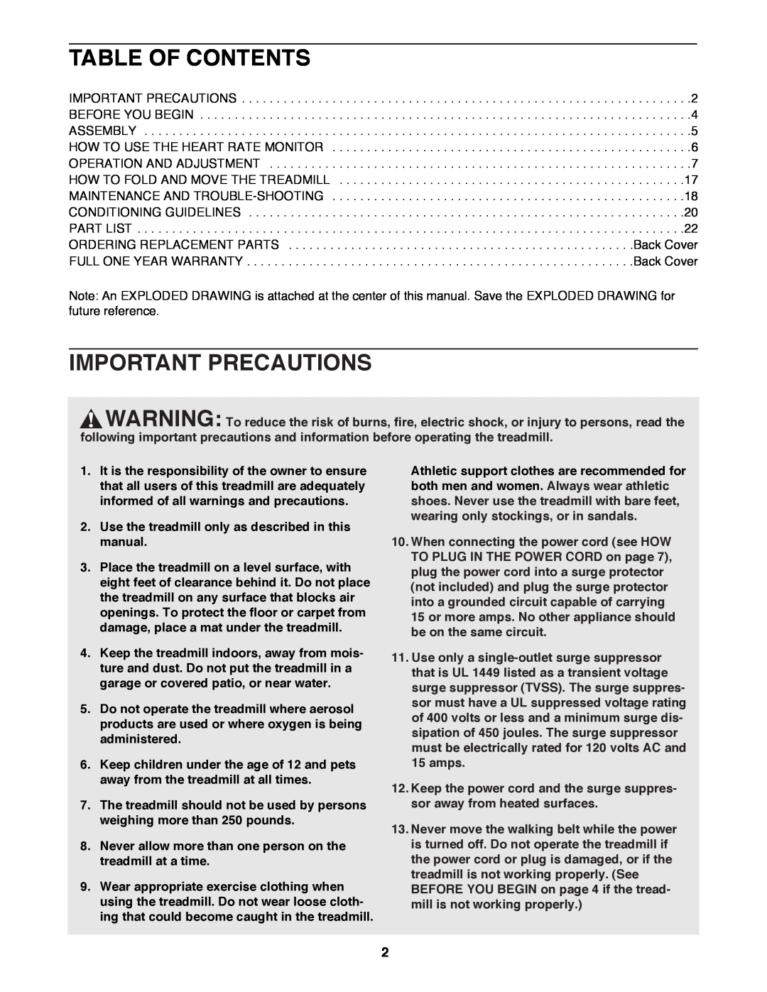 Image 831.297572 user manual Table Of Contents, Important Precautions, Use the treadmill only as described in this manual 