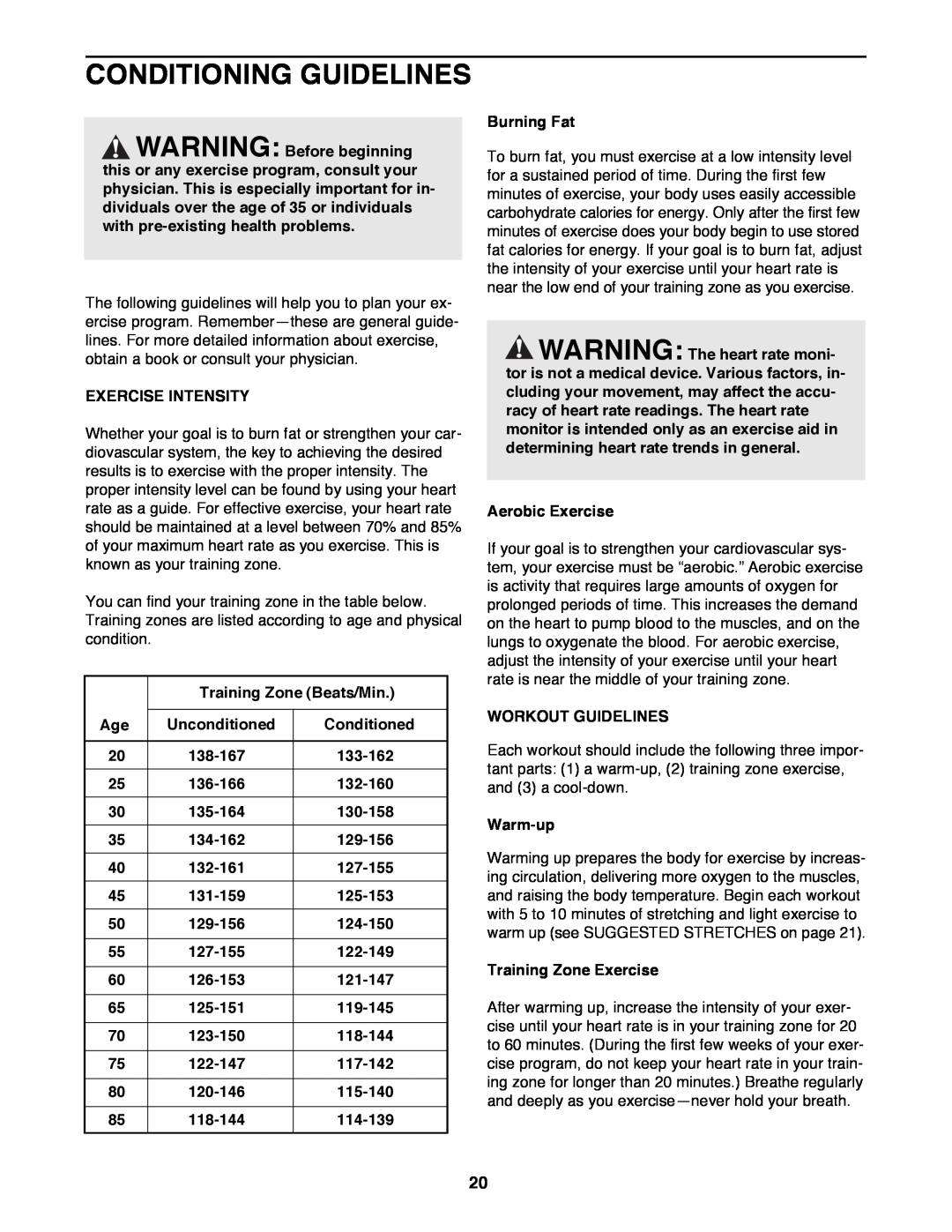 Image 831.297572 Conditioning Guidelines, Exercise Intensity, Training Zone Beats/Min, Unconditioned, Conditioned, 138-167 