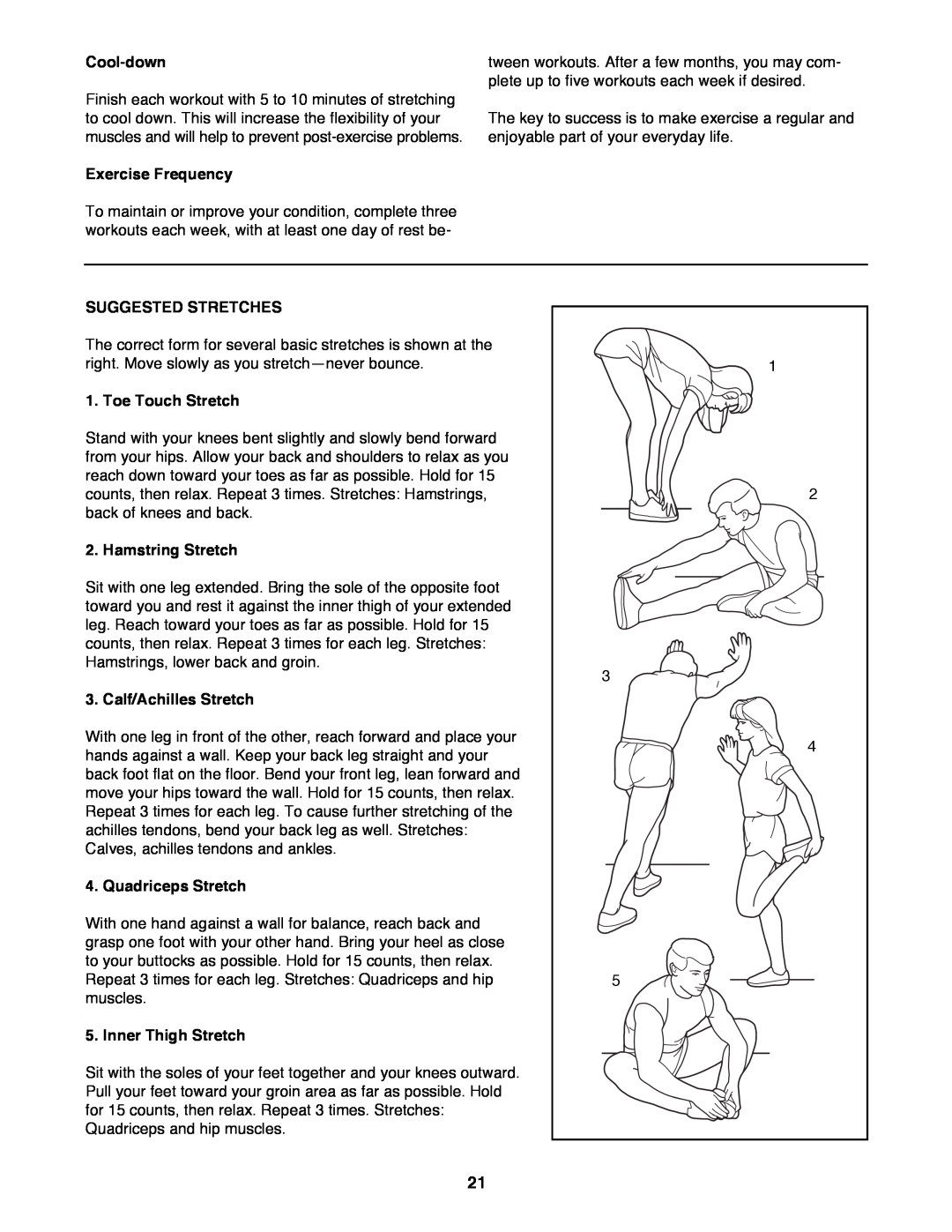 Image 831.297572 user manual Cool-down, Exercise Frequency, Suggested Stretches, Toe Touch Stretch, Hamstring Stretch 