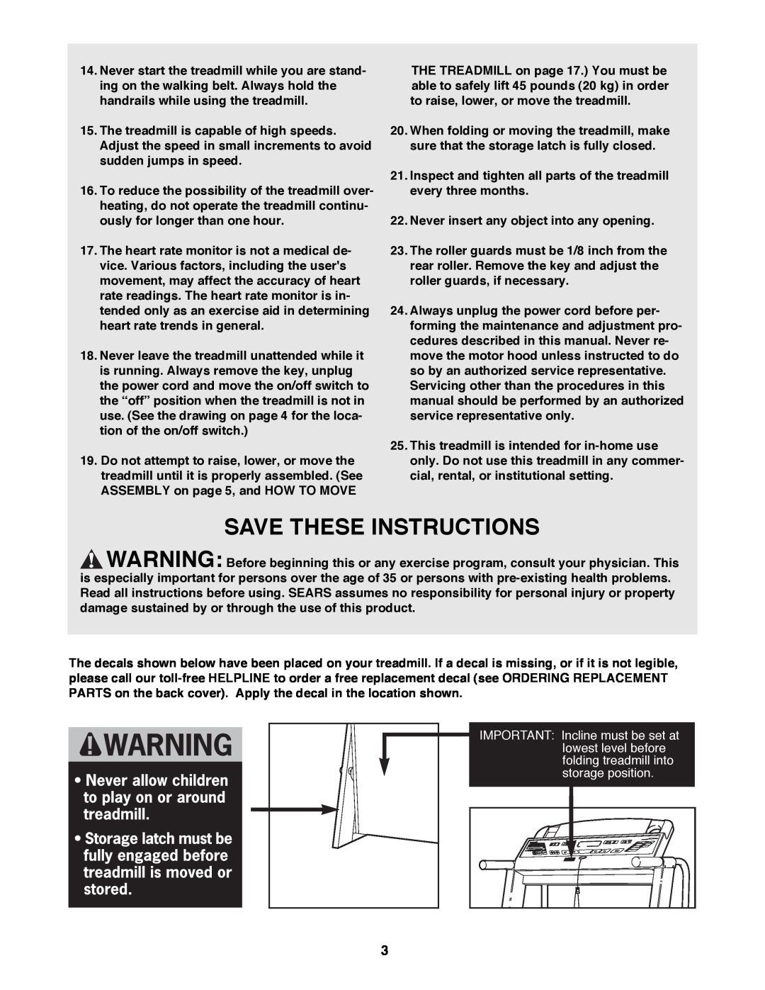 Image 831.297572 user manual Save These Instructions, Inspect and tighten all parts of the treadmill every three months 