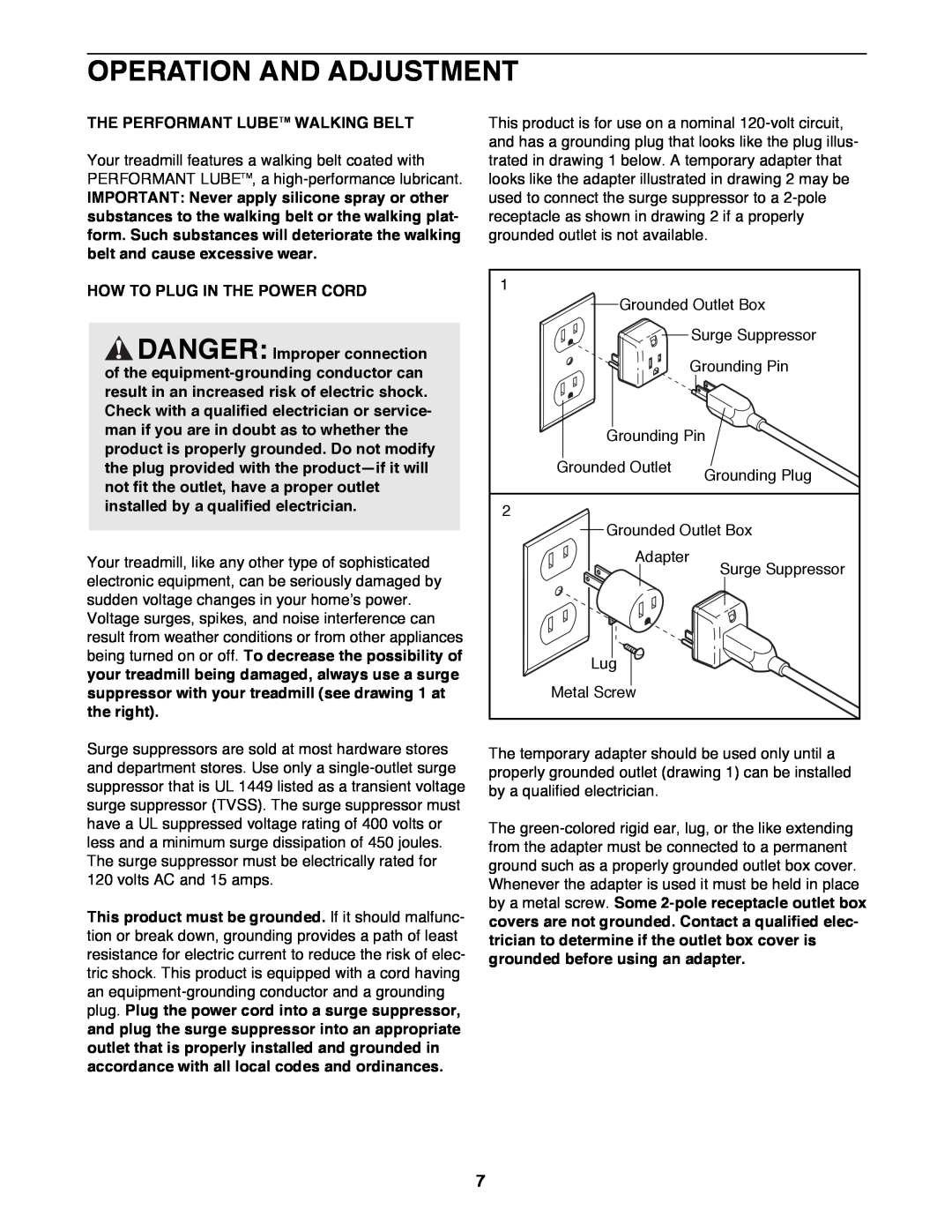 Image 831.297572 user manual Operation And Adjustment, The Performant Lubetm Walking Belt, How To Plug In The Power Cord 
