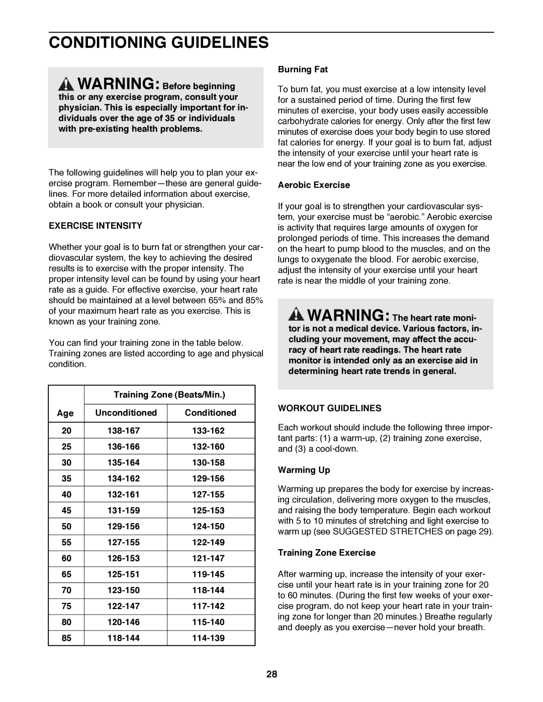 Image 831.299351 user manual Conditioning Guidelines, Exercise Intensity, Workout Guidelines 