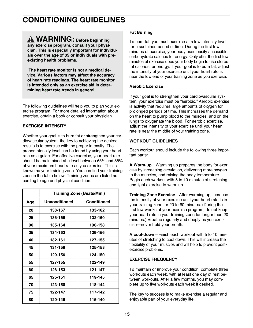 Image 850SE user manual Conditioning Guidelines, Exercise Intensity, Workout Guidelines, Exercise Frequency 