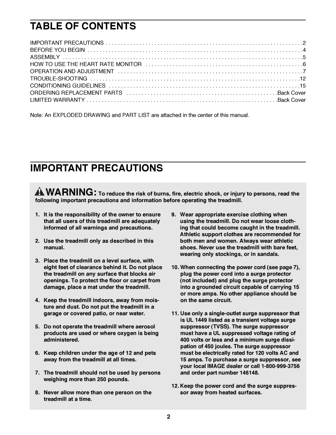 Image 850SE user manual Table of Contents, Important Precautions 