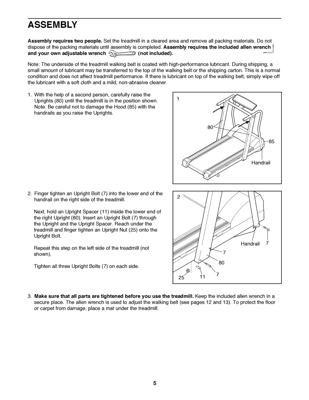 Image 850SE user manual Assembly, Your own adjustable wrench not included 