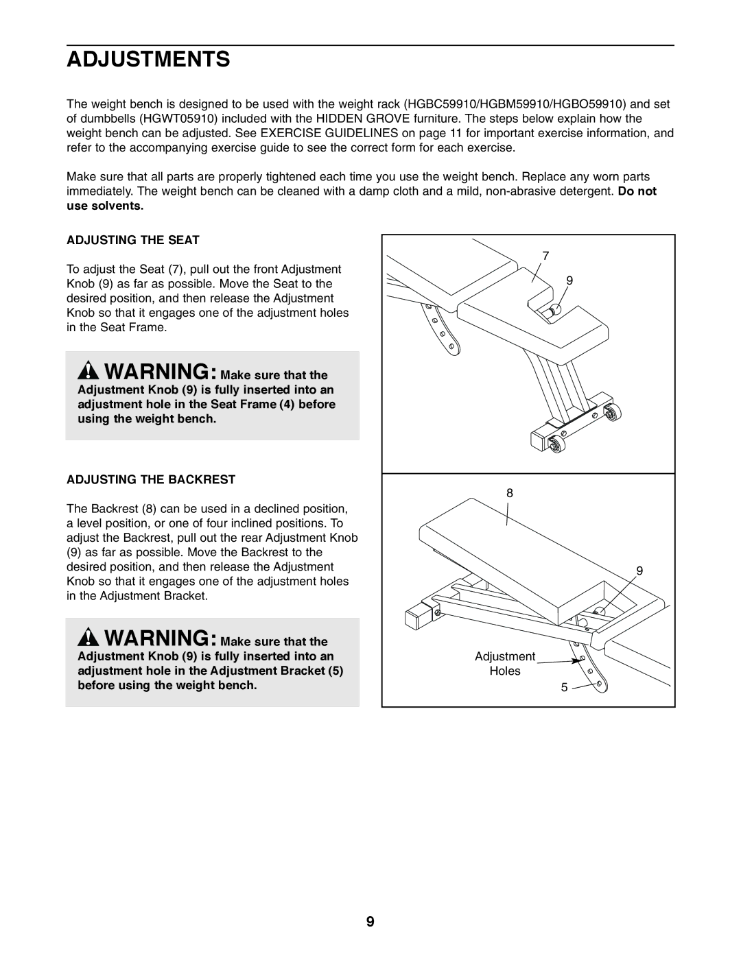 Image HGBE89910f user manual Adjustments, Adjusting the Seat, Adjusting the Backrest 