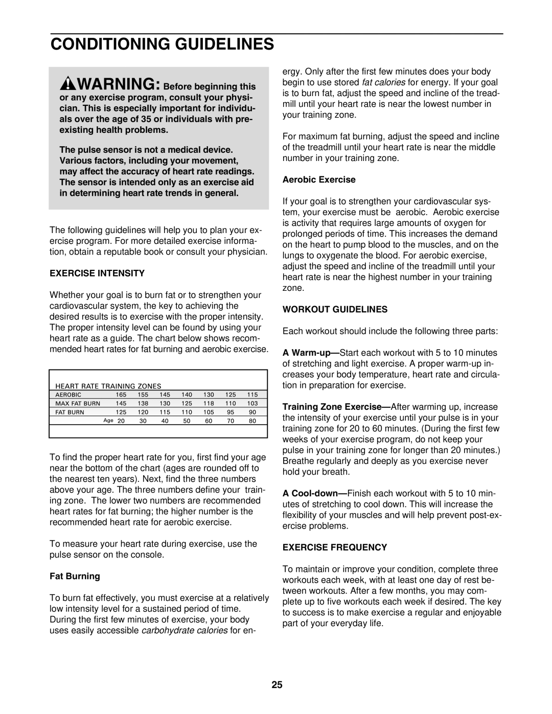 Image HGTL09130N user manual Conditioning Guidelines, Exercise Intensity, Workout Guidelines, Exercise Frequency 