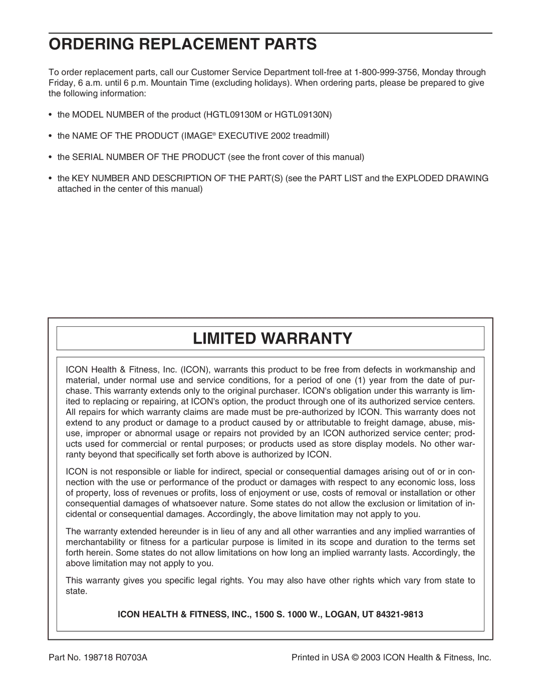 Image HGTL09130N Ordering Replacement Parts, Limited Warranty, Icon Health & FITNESS, INC., 1500 S W., LOGAN, UT 