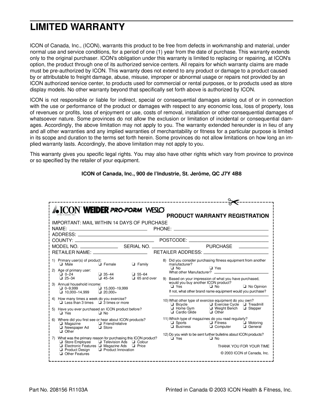 Image ICTL39523 user manual Limited Warranty, Product Warranty Registration 