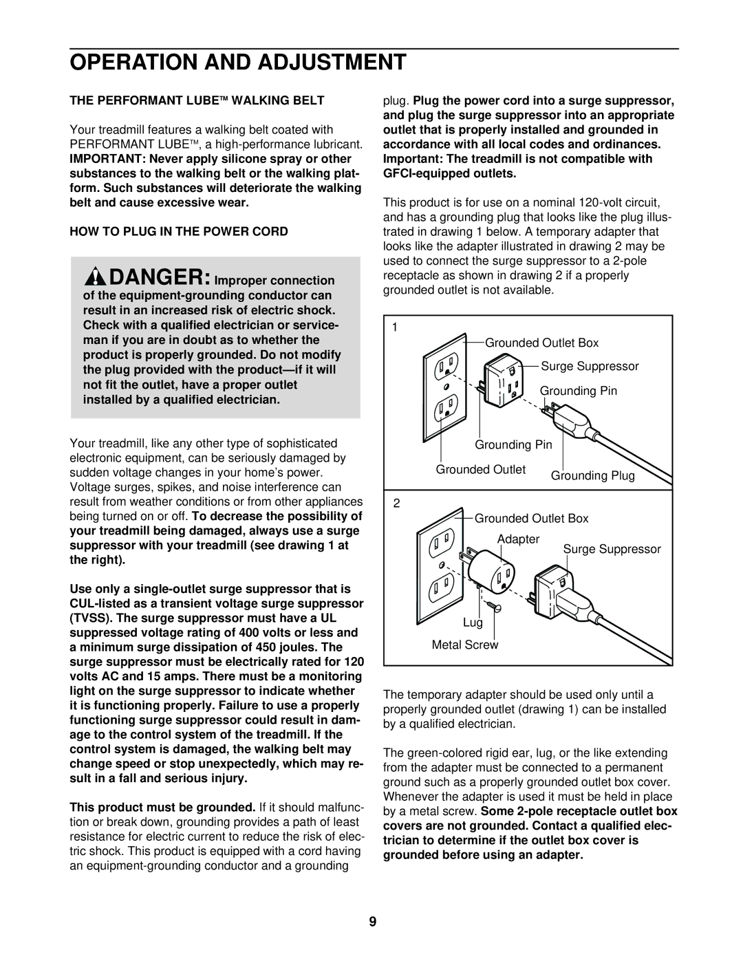 Image ICTL39523 user manual Operation and Adjustment, Performant Lubetm Walking Belt, HOW to Plug in the Power Cord 