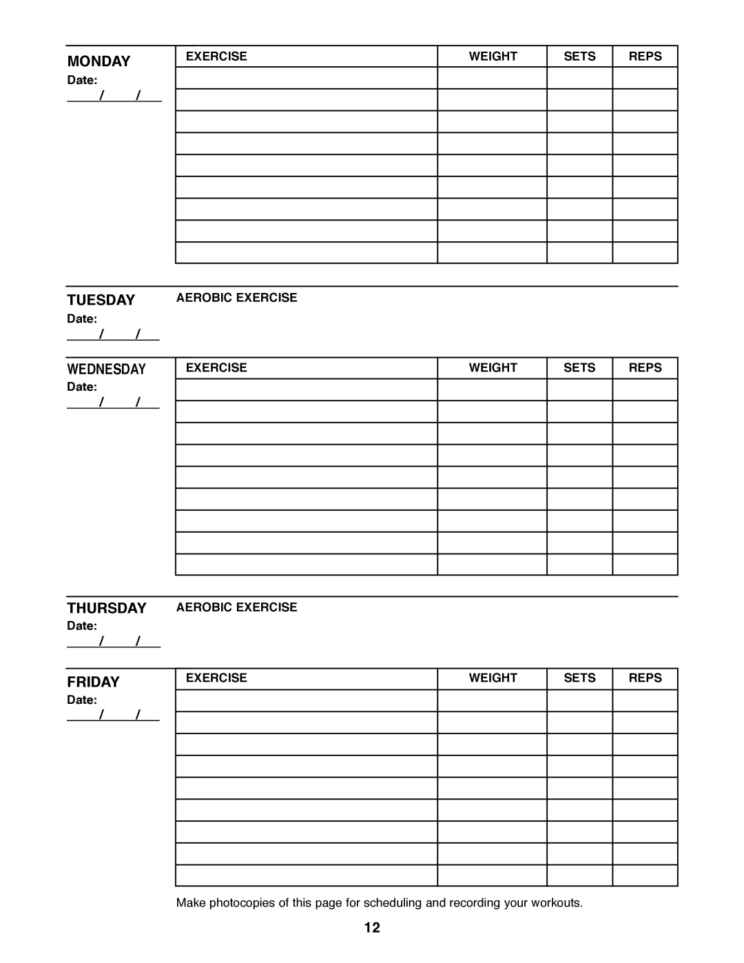 Image IMBE12500 manual Exercise Weight Sets Reps, Thursday Aerobic Exercise Date 