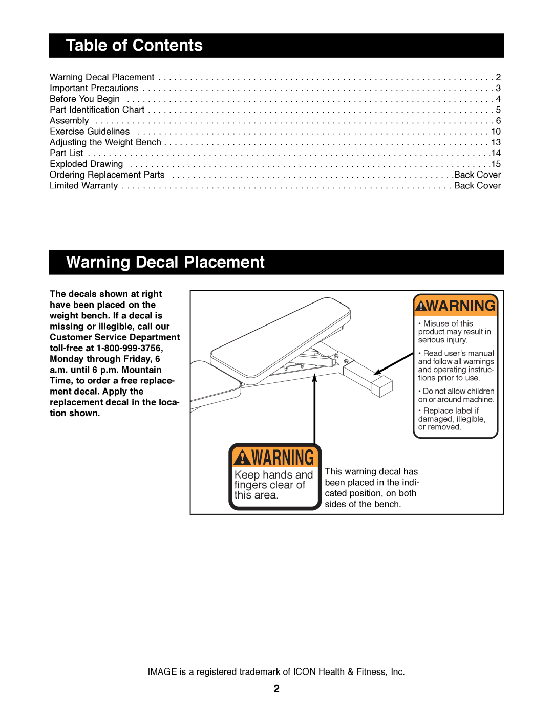 Image IMBE12500 manual Table of Contents 