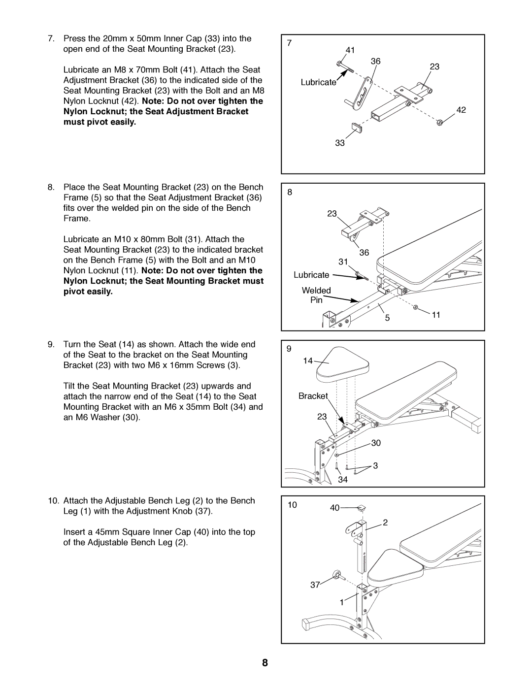 Image IMBE12500 manual Nylon Locknut the Seat Adjustment Bracket must pivot easily 