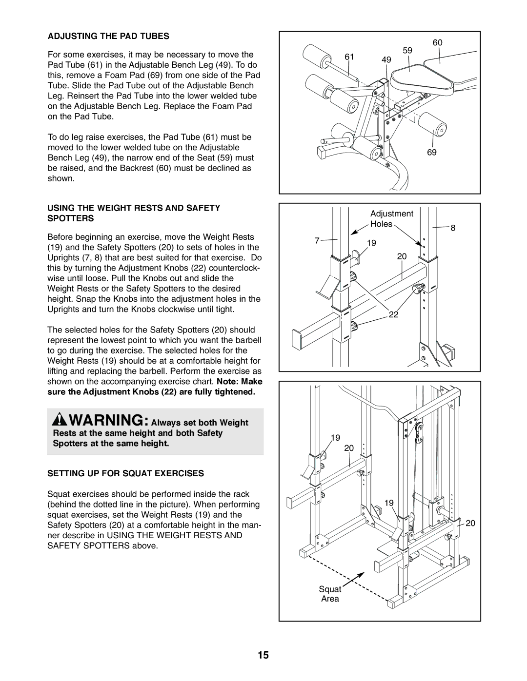 Image IMBE39400 Adjusting the PAD Tubes, Using the Weight Rests and Safety Spotters, Setting UP for Squat Exercises 