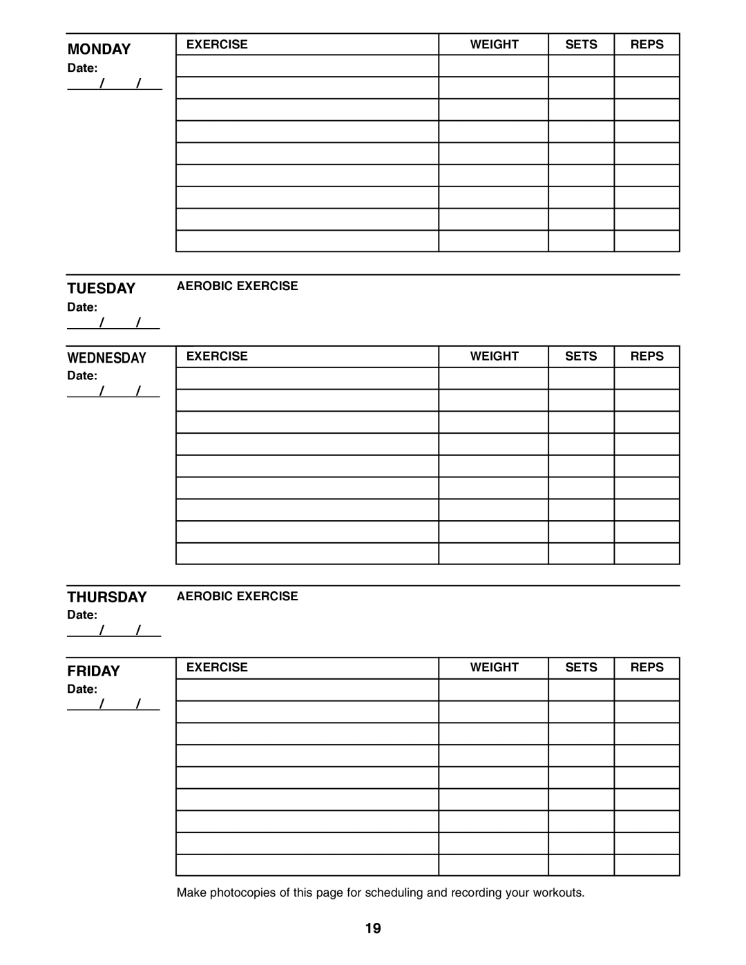 Image IMBE39400 user manual Exercise Weight Sets Reps, Thursday Aerobic Exercise Date 