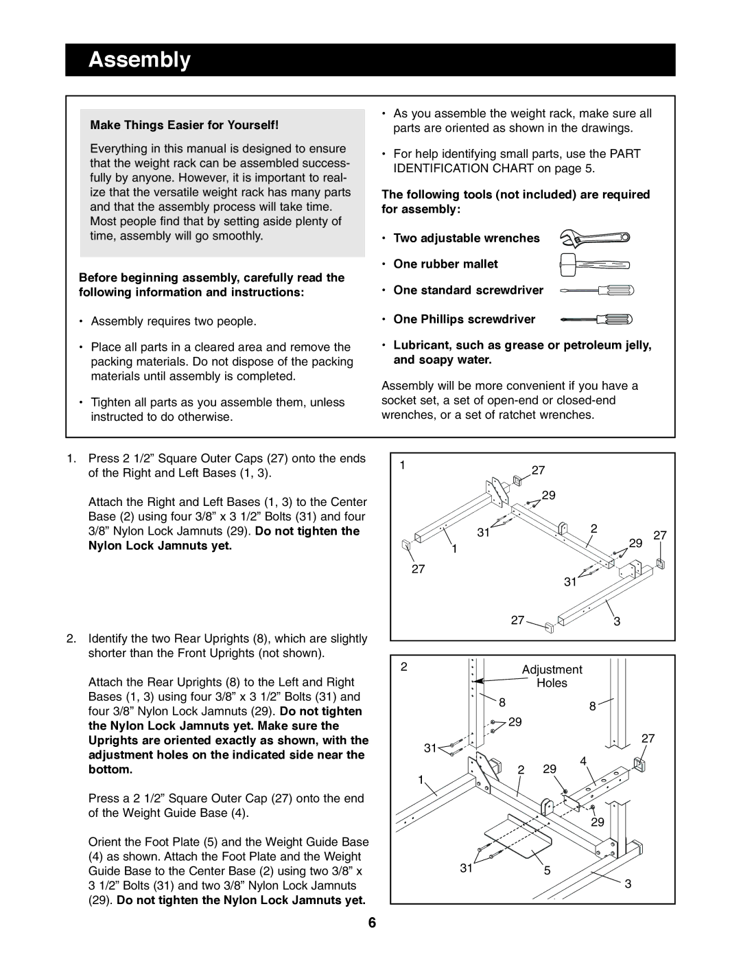 Image IMBE39400 user manual Assembly, Make Things Easier for Yourself, Nylon Lock Jamnuts yet 