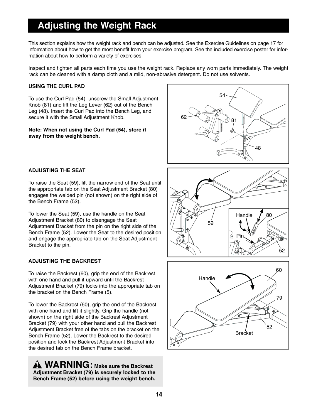 Image IMBE39401 user manual Adjusting the Weight Rack, Using the Curl PAD, Adjusting the Seat, Adjusting the Backrest 