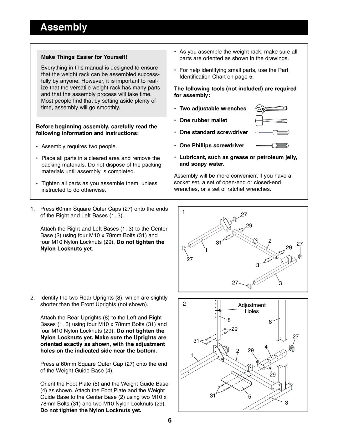 Image IMBE39401 user manual Assembly, Make Things Easier for Yourself, Do not tighten the Nylon Locknuts yet 