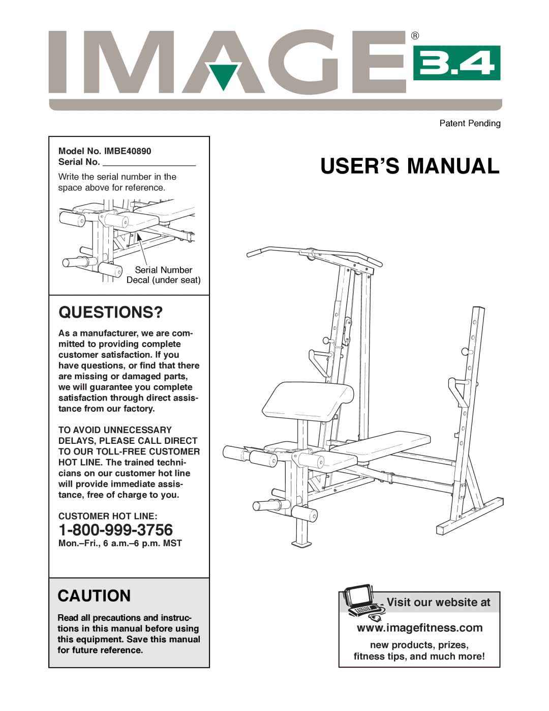 Image manual Model No. IMBE40890 Serial No, Customer HOT Line 