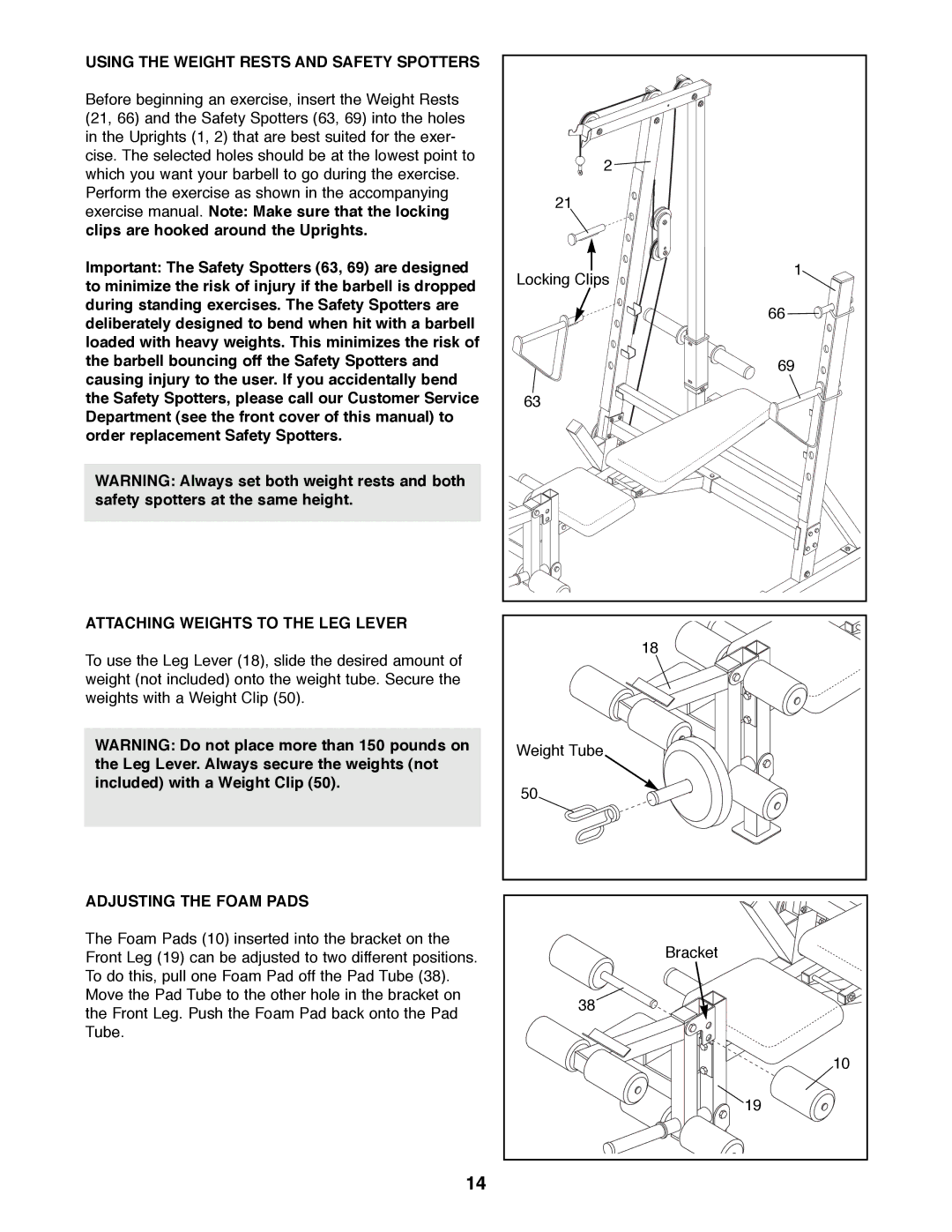 Image IMBE40890 Using the Weight Rests and Safety Spotters, Attaching Weights to the LEG Lever, Adjusting the Foam Pads 