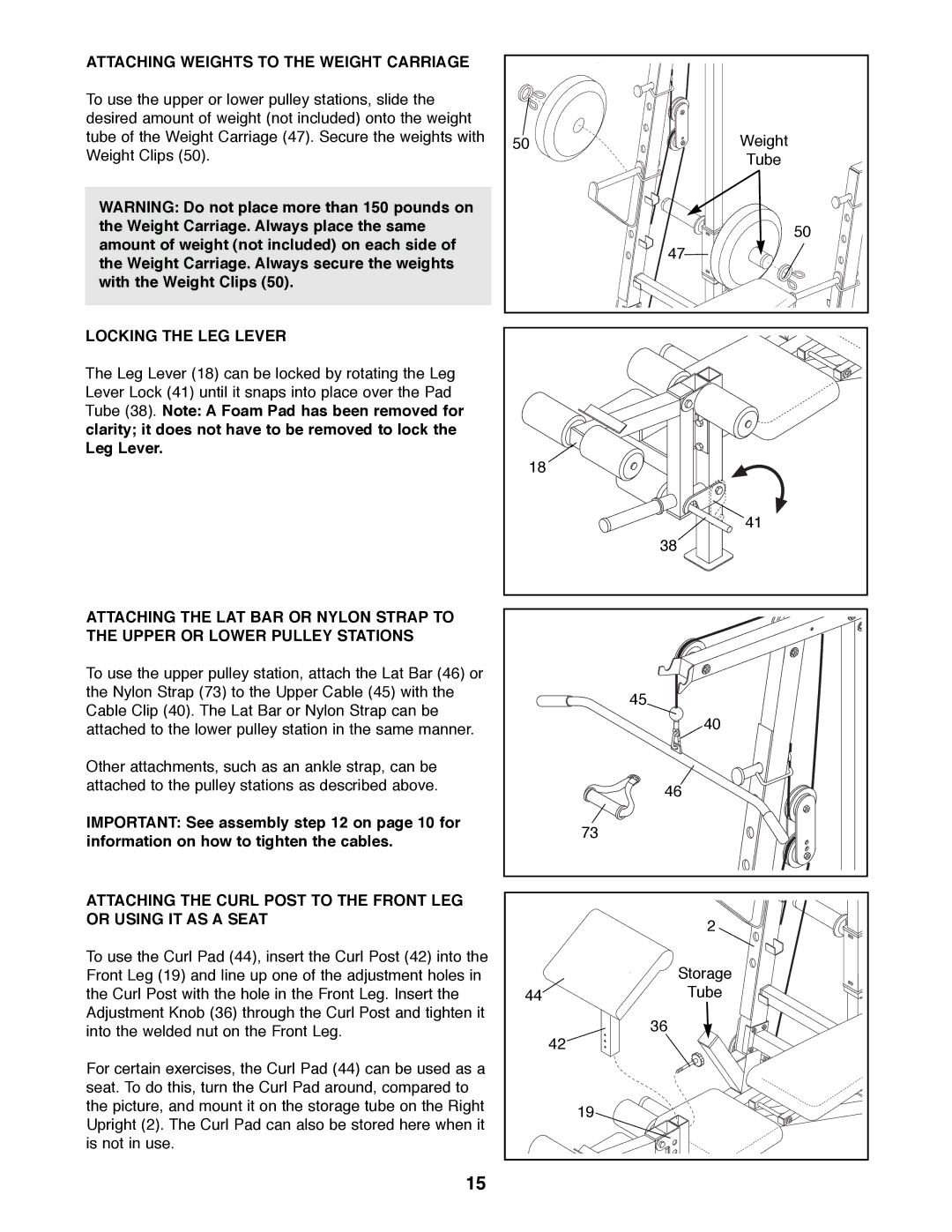 Image IMBE40890 manual Attaching Weights to the Weight Carriage, Locking the LEG Lever 