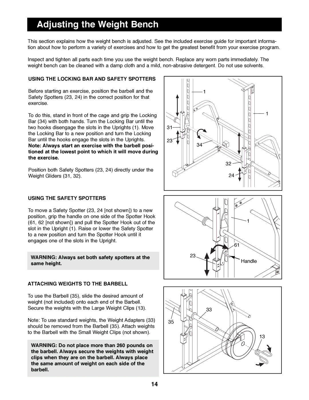 Image IMBE41990 manual Adjusting the Weight Bench, Using the Locking BAR and Safety Spotters 