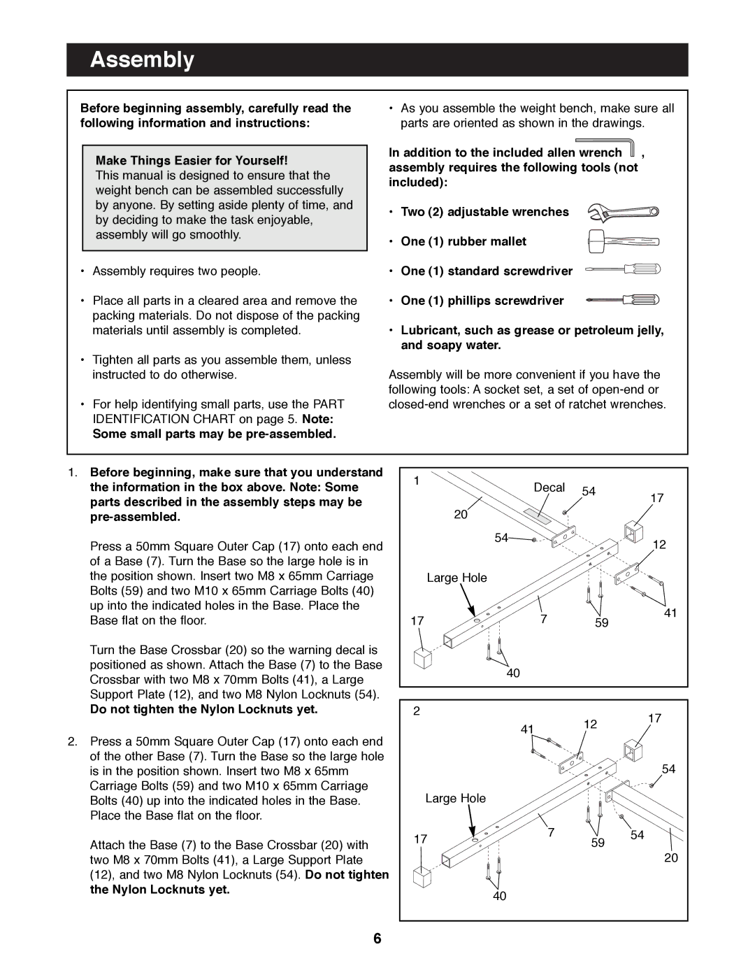 Image IMBE41990 manual Assembly, Some small parts may be pre-assembled, Do not tighten the Nylon Locknuts yet 