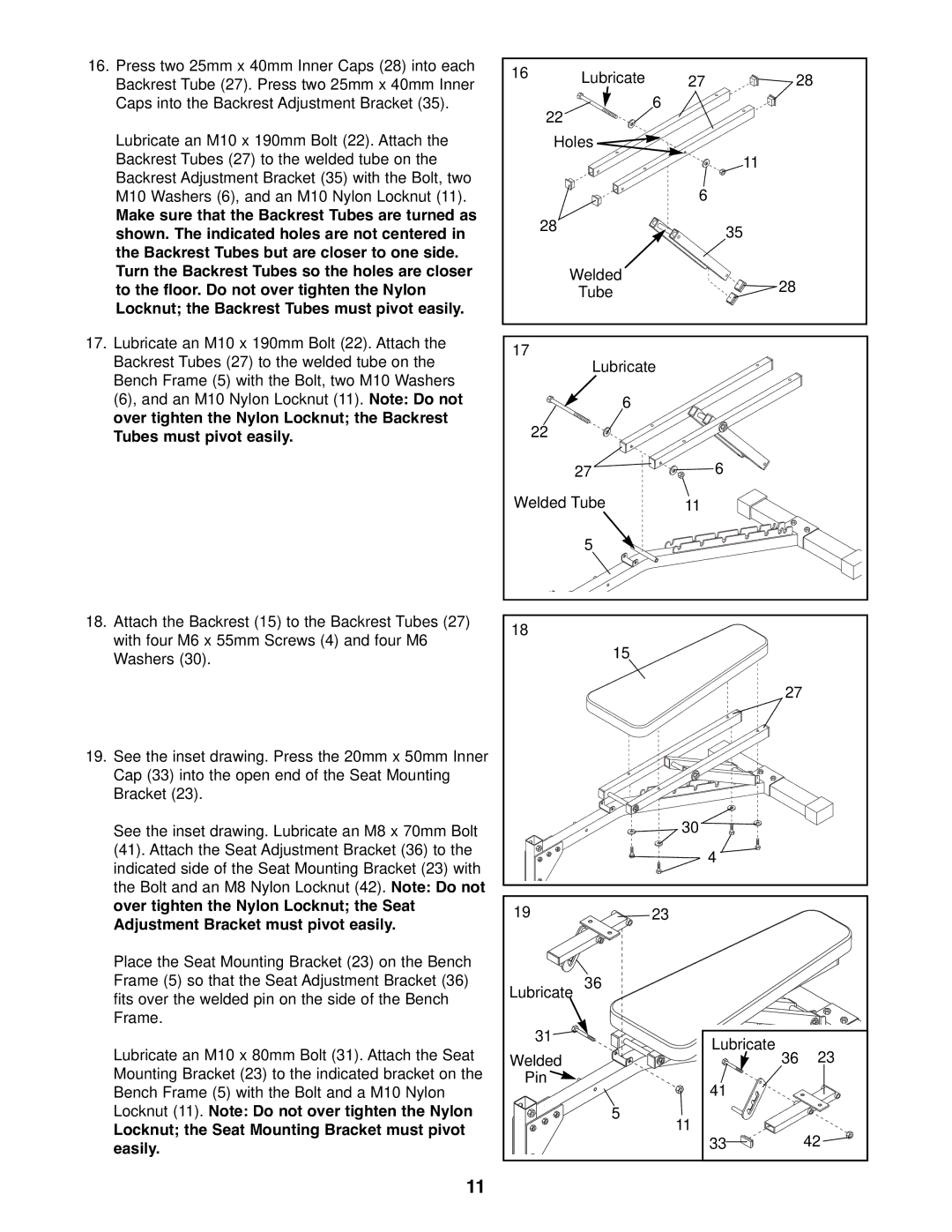 Image IMBE53900 manual Over tighten the Nylon Locknut the Seat, Adjustment Bracket must pivot easily, Easily 