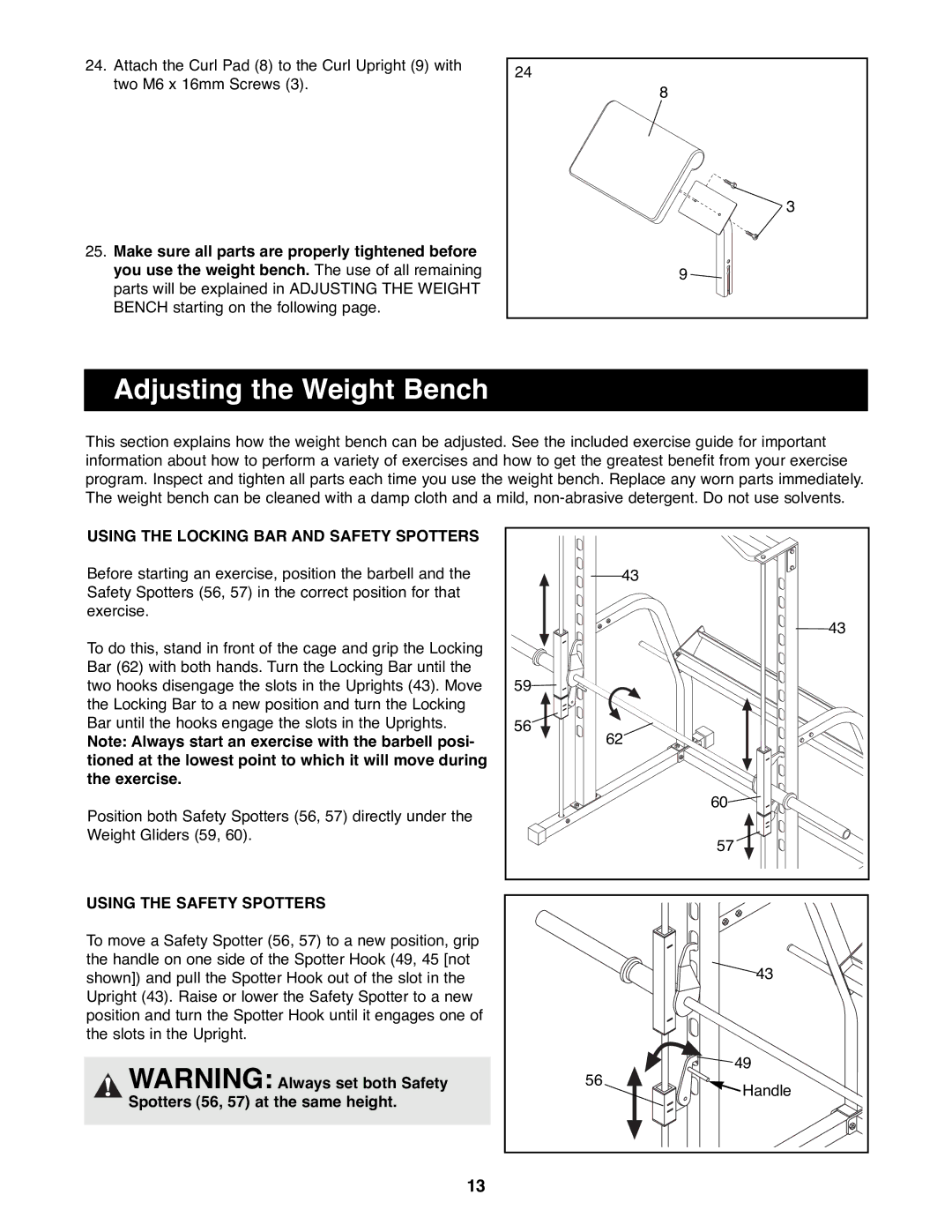 Image IMBE53900 manual Adjusting the Weight Bench, Using the Locking BAR and Safety Spotters, Using the Safety Spotters 