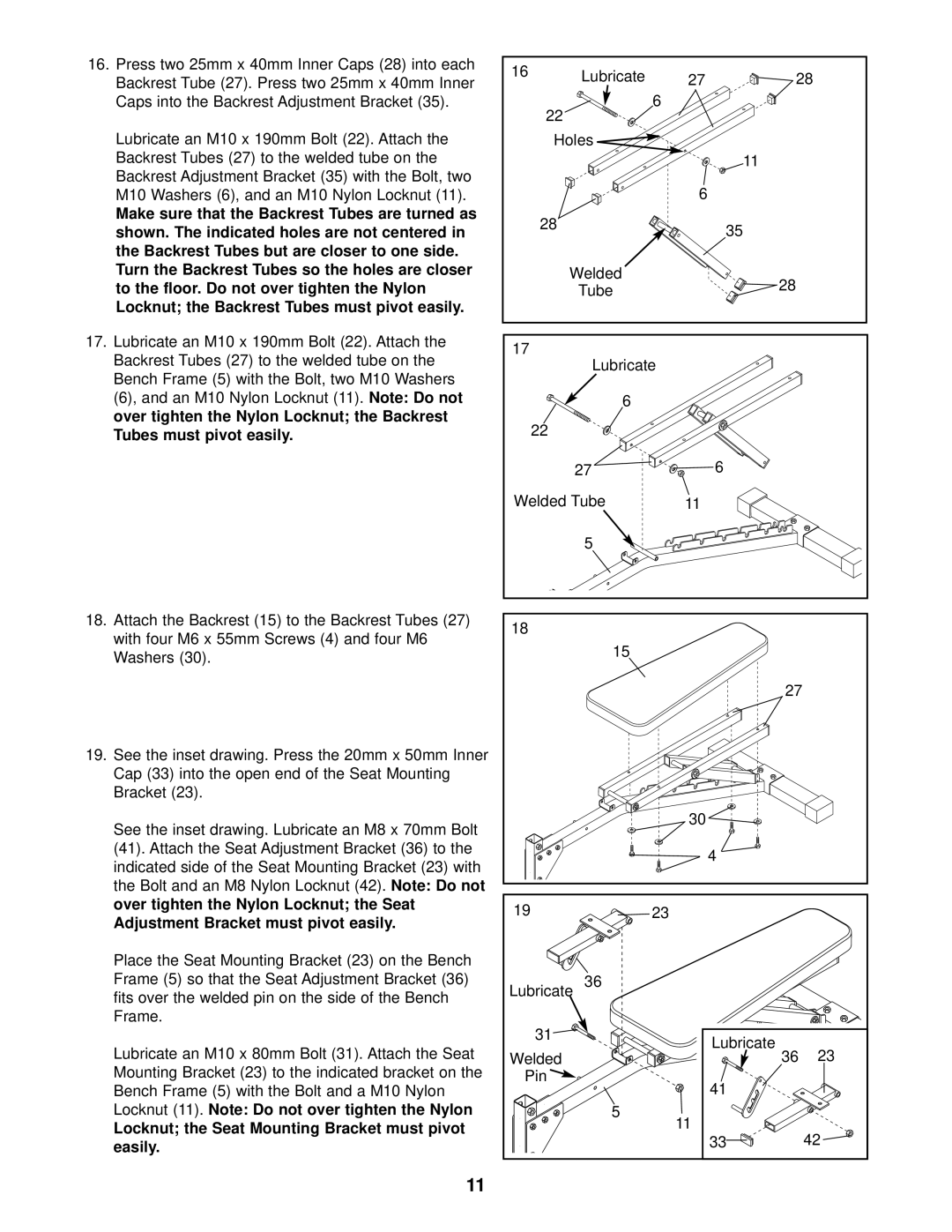 Image IMBE53901 user manual Over tighten the Nylon Locknut the Seat, Adjustment Bracket must pivot easily, Easily 