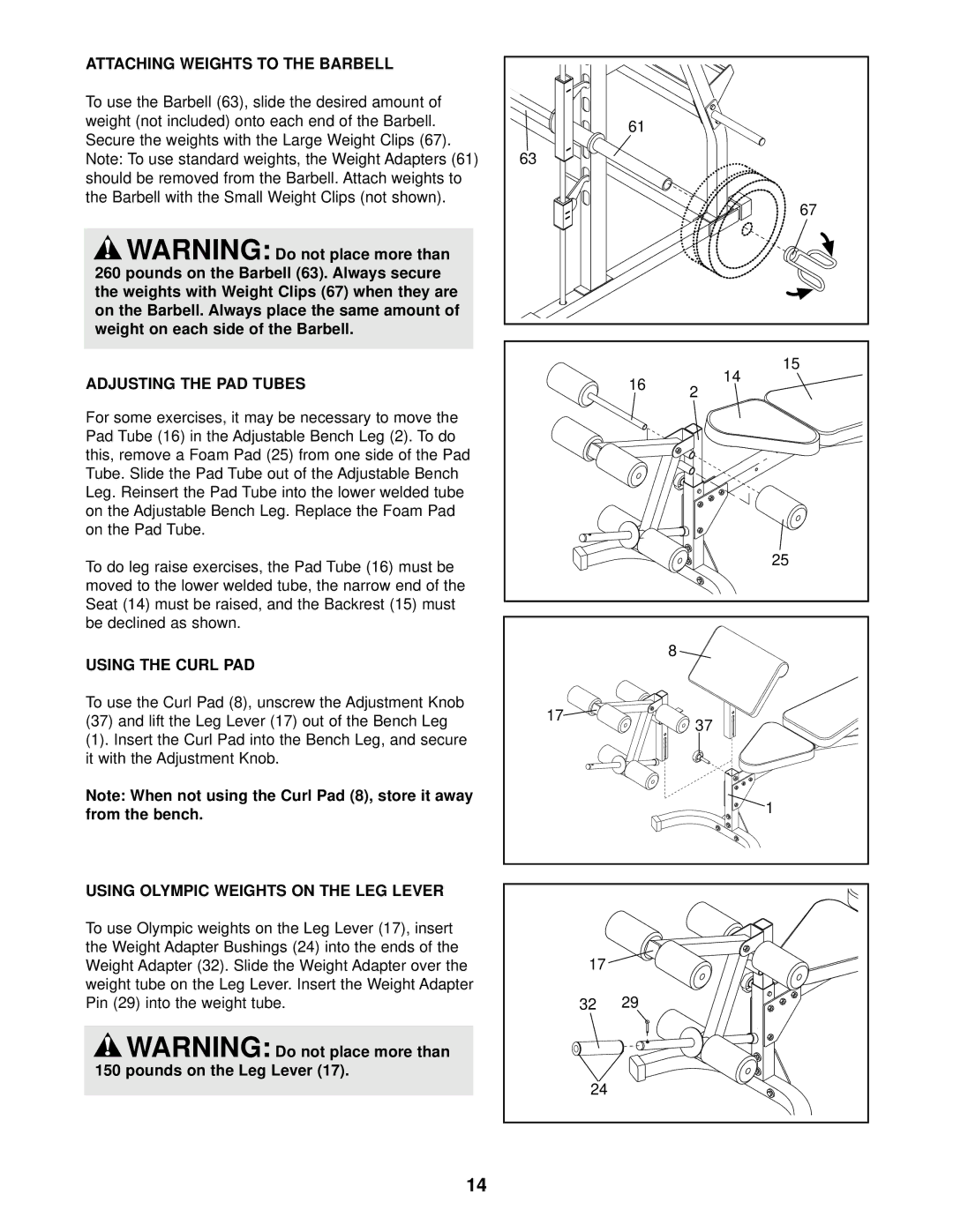 Image IMBE53901 user manual Adjusting the PAD Tubes, Using the Curl PAD, Using Olympic Weights on the LEG Lever 