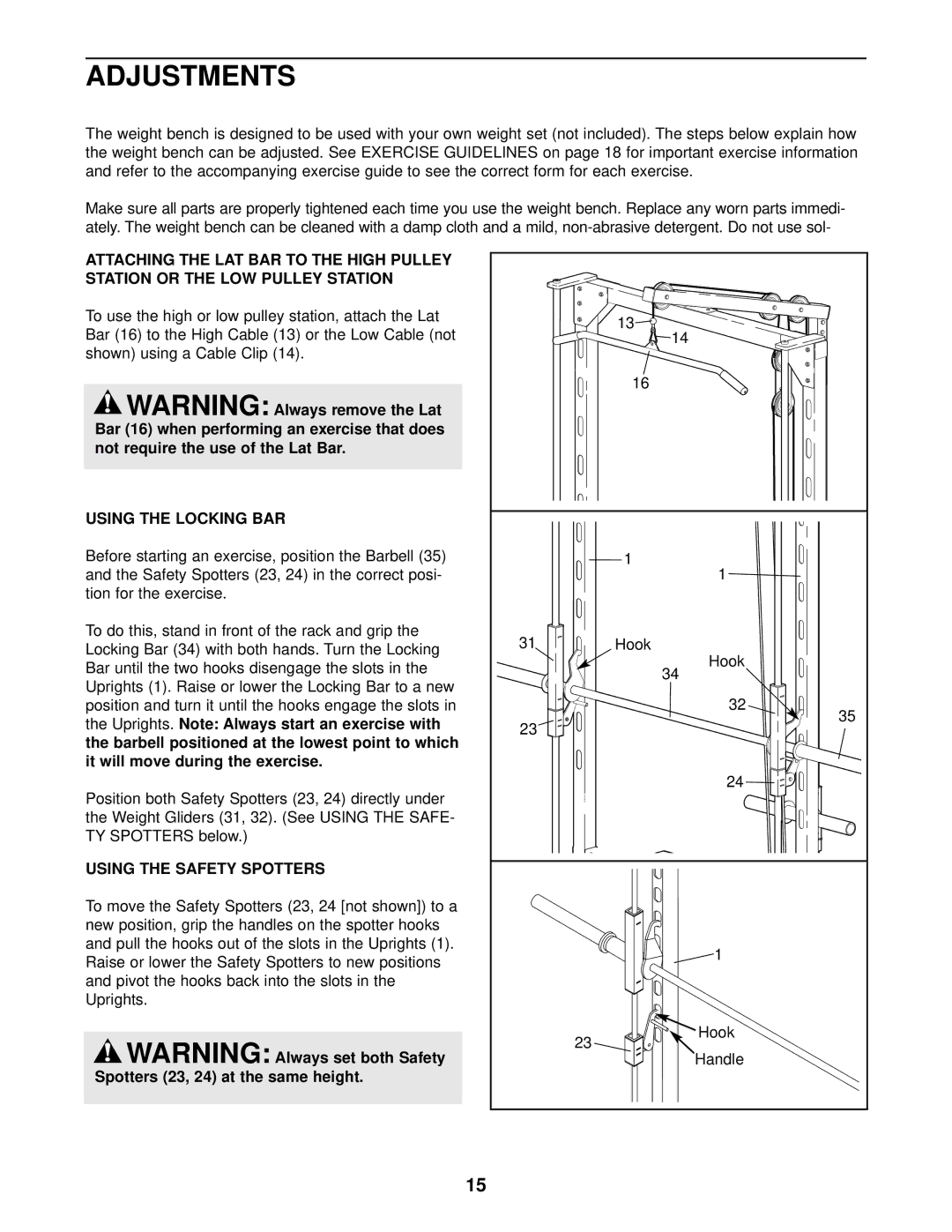 Image IMBE53910 user manual Adjustments, Using the Locking BAR, Using the Safety Spotters 