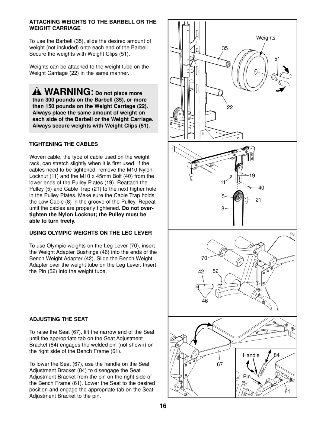 Image IMBE53910 Attaching Weights to the Barbell or the Weight Carriage, Tightening the Cables, Adjusting the Seat 