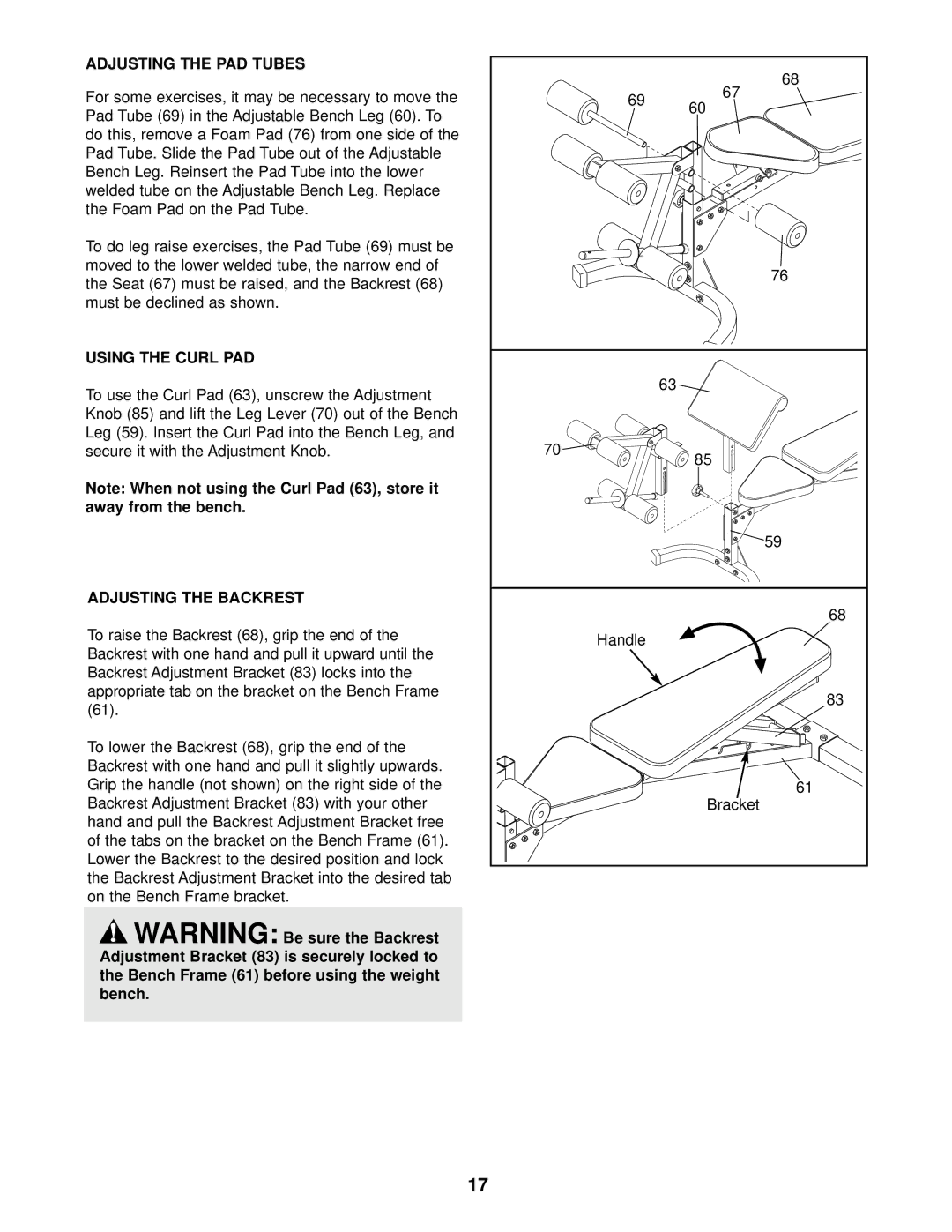 Image IMBE53910 user manual Adjusting the PAD Tubes, Using the Curl PAD, Adjusting the Backrest 