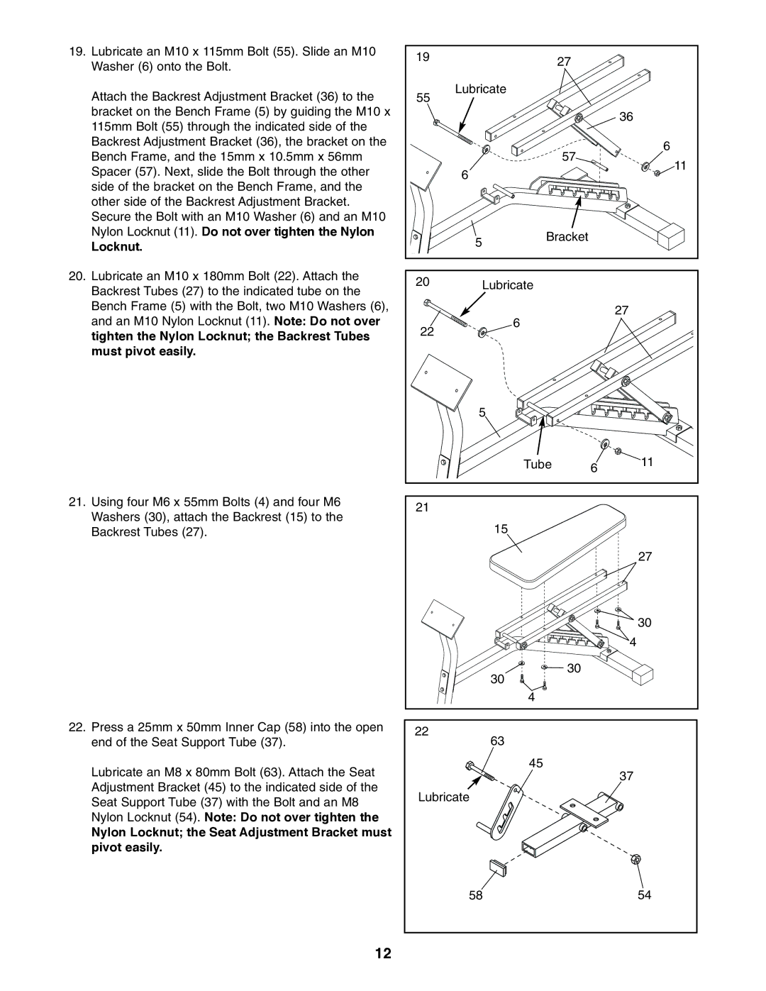 Image IMBE53991 user manual Nylon Locknut the Seat Adjustment Bracket must pivot easily 