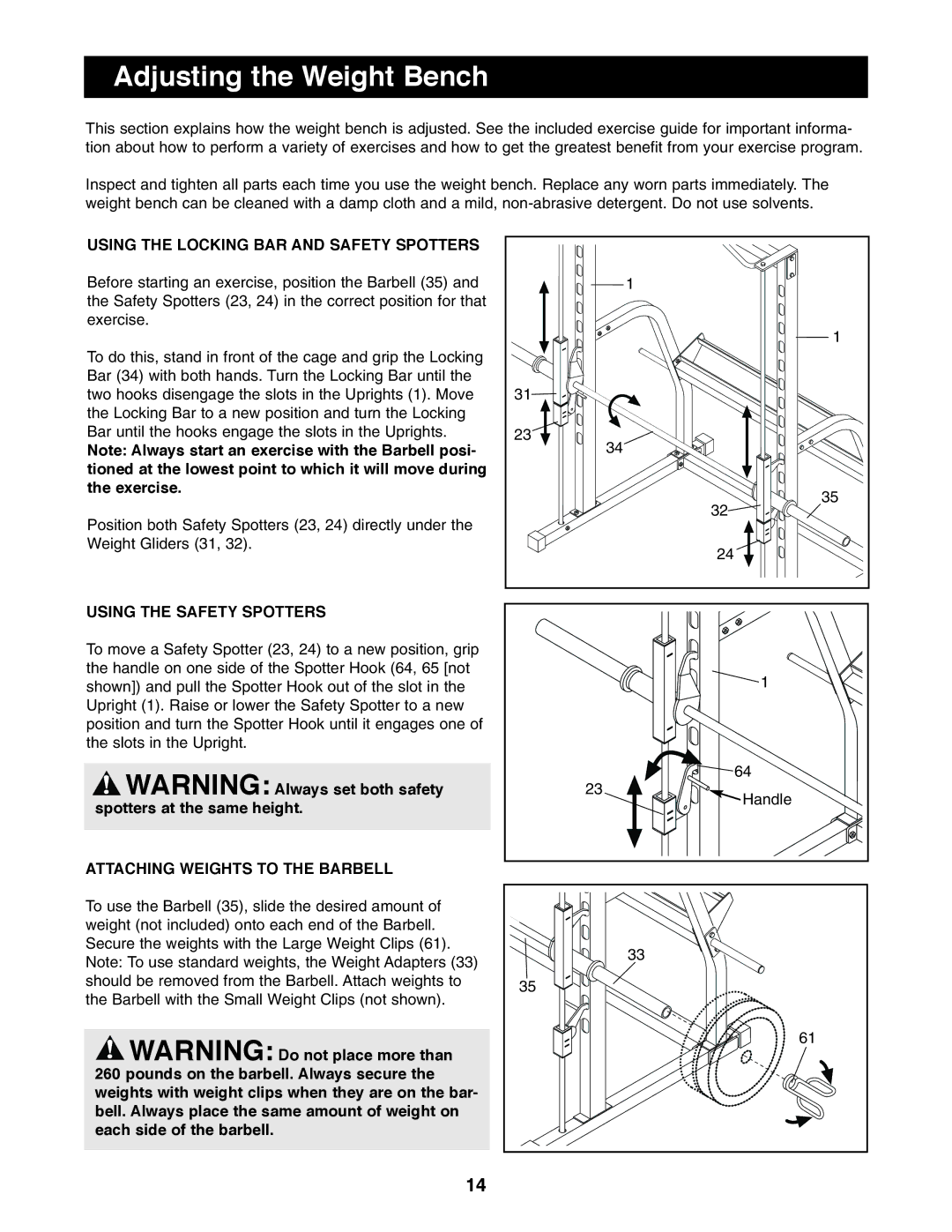 Image IMBE53991 user manual Adjusting the Weight Bench, Using the Locking BAR and Safety Spotters 