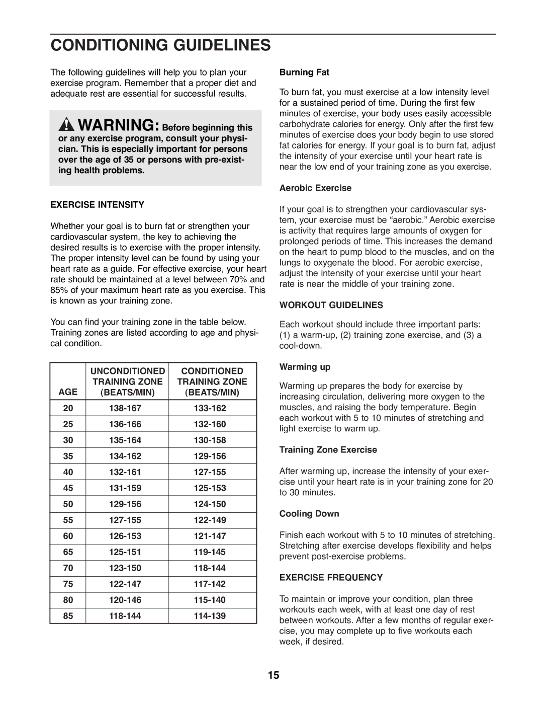 Image IMEL08900 manual Conditioning Guidelines, Exercise Intensity, Unconditioned Conditioned Training Zone AGE BEATS/MIN 