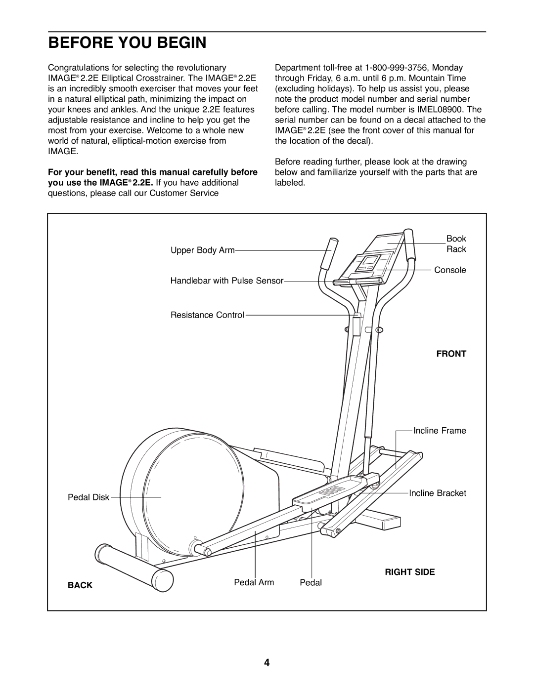 Image IMEL08900 manual Before YOU Begin, Front, Right Side, Back 