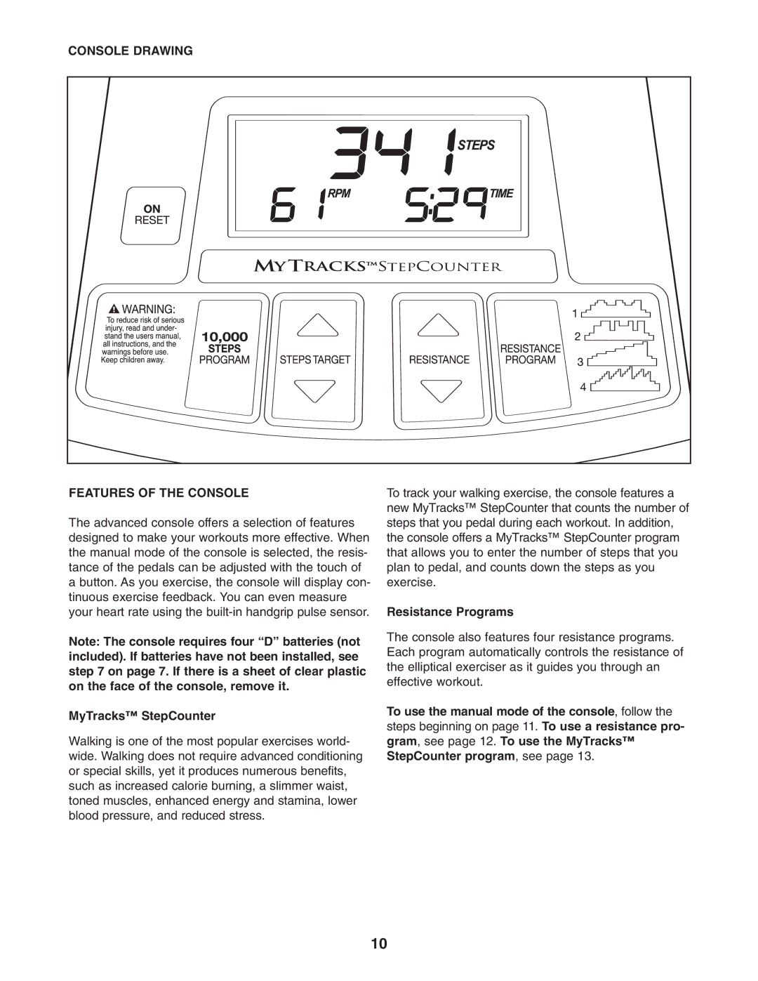 Image IMEL2105.1 user manual Console Drawing Features of the Console, MyTracks StepCounter, Resistance Programs 