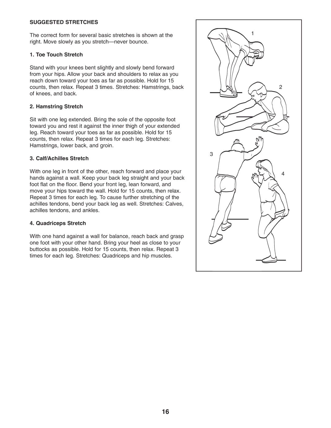 Image IMEL2105.1 Suggested Stretches, Toe Touch Stretch, Hamstring Stretch, Calf/Achilles Stretch, Quadriceps Stretch 